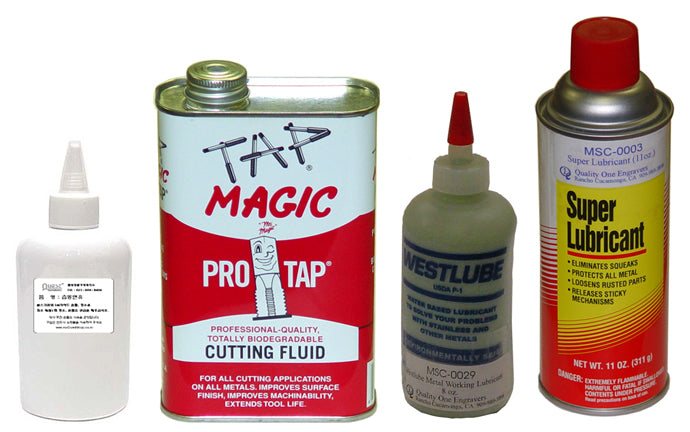 Lubricants and tapping fluids for engraving and drilling.